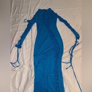 Fashion Nova Blue Ruched Tie Front Bodycon Dress